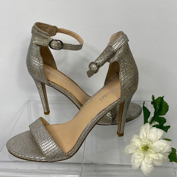 Michael Samantha Heeled Strappy‎ Metallic Open Toe Sandals Silver /Gold 9 - Picture 1 of 12